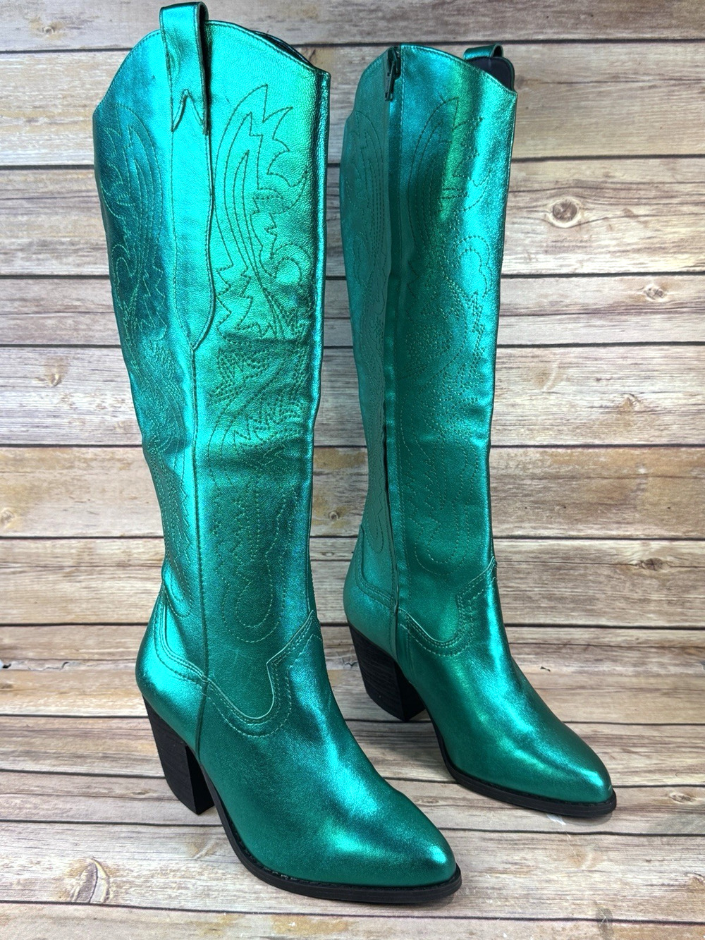 New GB Gianni Bini Metallic Emeral Green Knee High Cowboy Western Boots 6.5